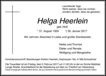 Traueranzeige von Helga Heerlein von Rheinische Post