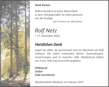 Traueranzeige von Rolf Netz von Rheinische Post
