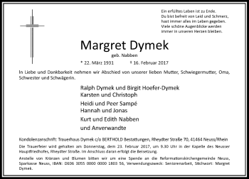 Traueranzeige von Margret Dymek von Rheinische Post