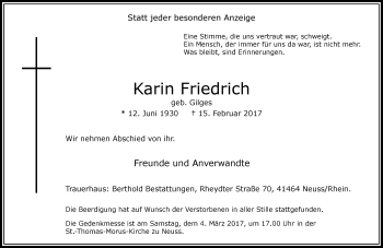 Traueranzeige von Karin Friedrich von Rheinische Post