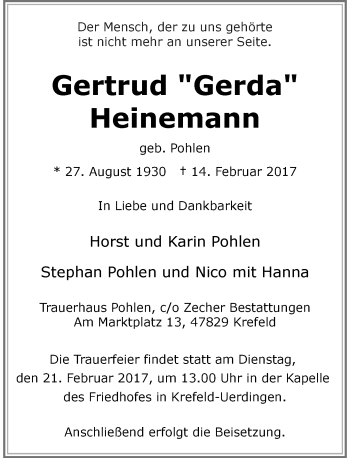 Traueranzeige von Gertrud Heinemann von Rheinische Post