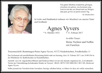 Traueranzeige von Agnes Vyvers von Rheinische Post