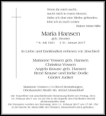Traueranzeige von Maria Hansen von Rheinische Post