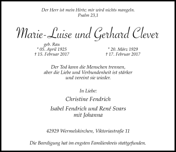 Traueranzeige von Marie-Luise und Gerhard Clever von Rheinische Post