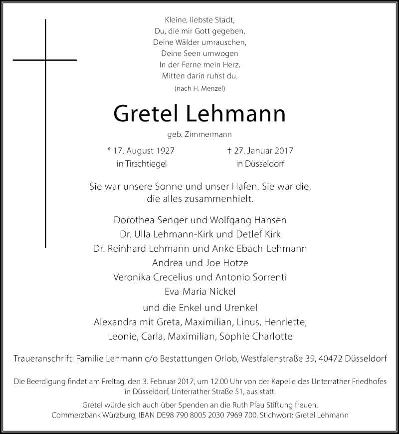  Traueranzeige für Gretel Lehmann vom 01.02.2017 aus Rheinische Post