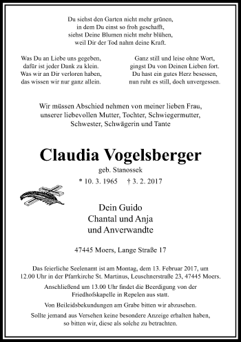 Traueranzeige von Claudia Vogelsberger von Rheinische Post