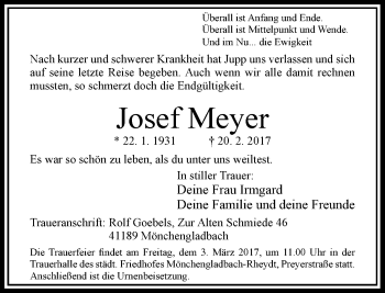 Traueranzeige von Josef Meyer von Rheinische Post