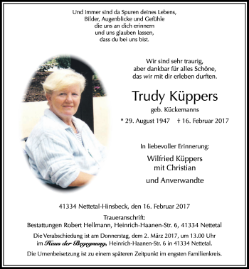 Traueranzeige von Trudy Küppers von Rheinische Post