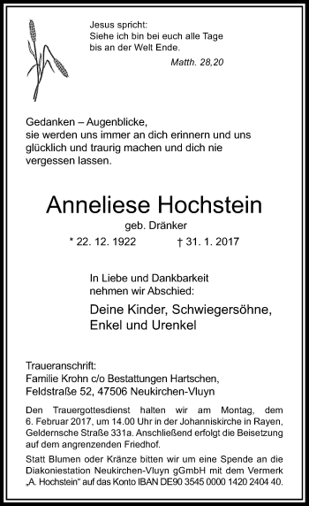 Traueranzeige von Anneliese Hochstein von Rheinische Post