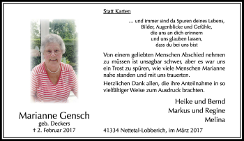 Traueranzeige von Marianne Gensch von Rheinische Post