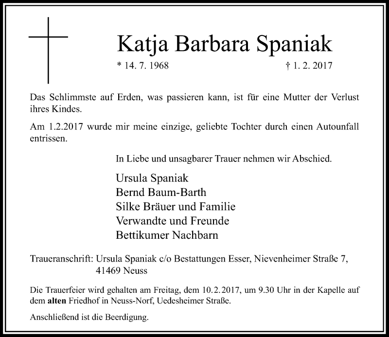  Traueranzeige für Katja Barbara Spaniak vom 08.02.2017 aus Rheinische Post