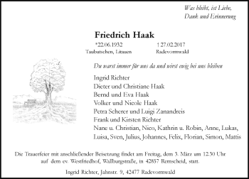 Traueranzeige von Friedrich Haak von Rheinische Post