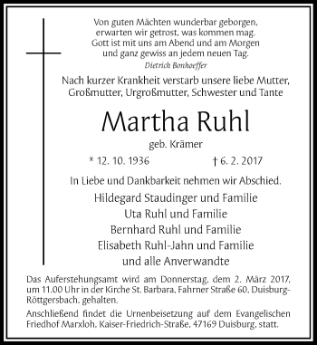 Traueranzeige von Martha Ruhl von Rheinische Post