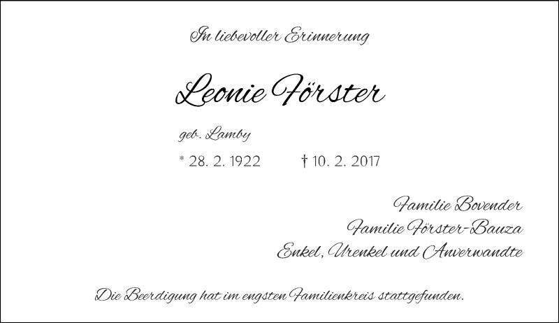  Traueranzeige für Leonie Förster vom 04.03.2017 aus Rheinische Post