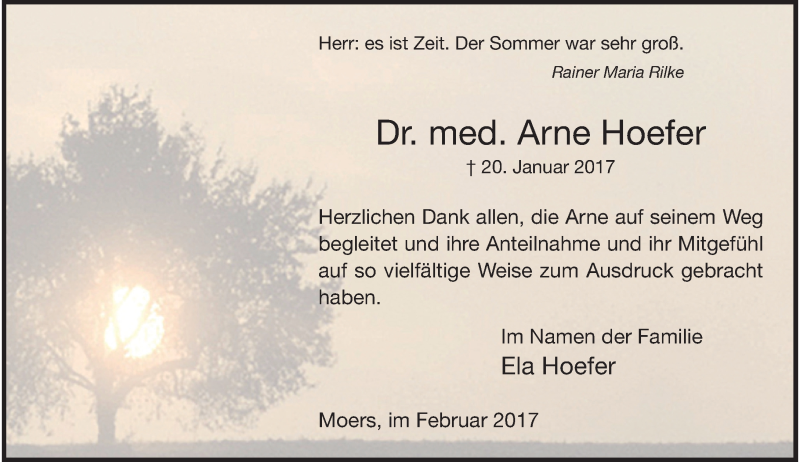 Traueranzeige für Arne Hoefer vom 11.02.2017 aus Rheinische Post
