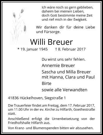 Traueranzeige von Willi Breuer von Rheinische Post