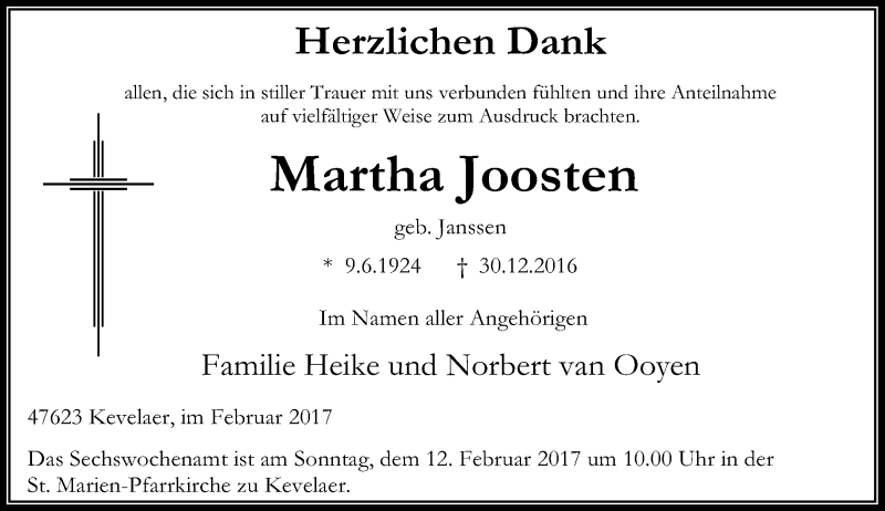  Traueranzeige für Martha Joosten vom 04.02.2017 aus Rheinische Post
