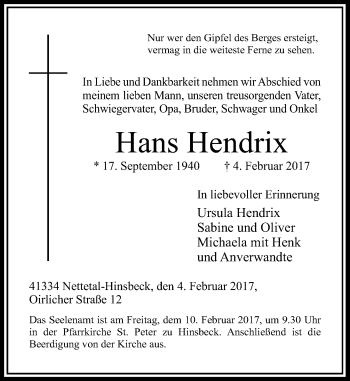 Traueranzeige von Hans Hendrix von Rheinische Post