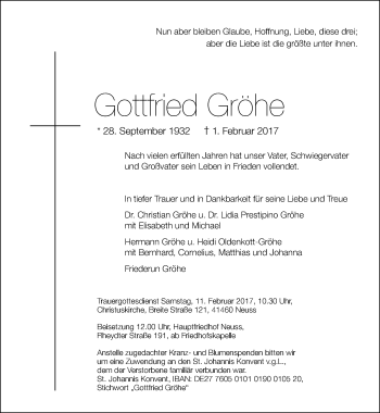 Traueranzeige von Gottfried Gröhe von Rheinische Post