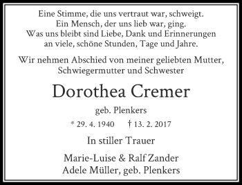 Traueranzeige von Dorothea Cremer von Rheinische Post