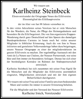 Traueranzeige von Karlheinz Steinbeck von Rheinische Post