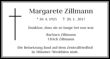 Traueranzeige von Margarete Zillmann von Rheinische Post