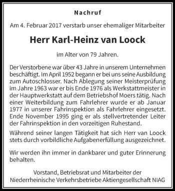 Traueranzeige von Karl-Heinz van Loock von Rheinische Post