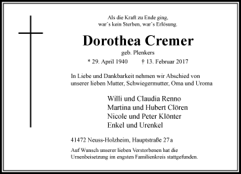 Traueranzeige von Dorothea Cremer von Rheinische Post