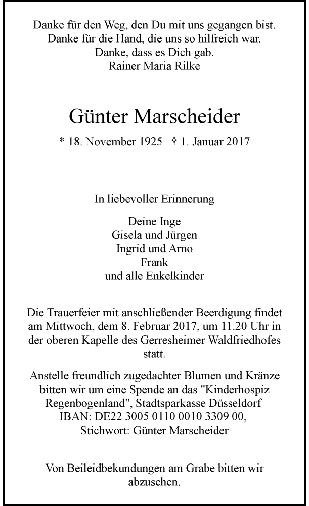  Traueranzeige für Günter Marscheider vom 04.02.2017 aus Rheinische Post