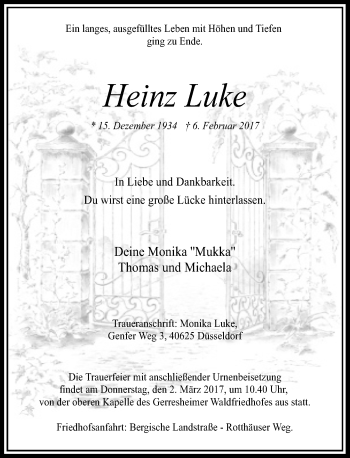 Traueranzeige von Heinz Luke von Rheinische Post