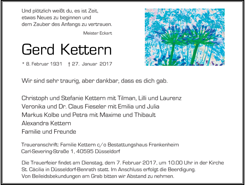 Traueranzeige für Gerd Kettern vom 04.02.2017 aus Rheinische Post
