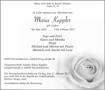 Traueranzeige von Maria Keppler von Rheinische Post