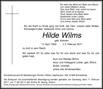 Traueranzeige von Hilde Wilms von Rheinische Post
