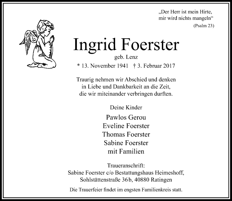  Traueranzeige für Ingrid Foerster vom 11.02.2017 aus Rheinische Post