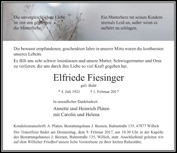 Traueranzeige von Elfriede Fiesinger von Rheinische Post