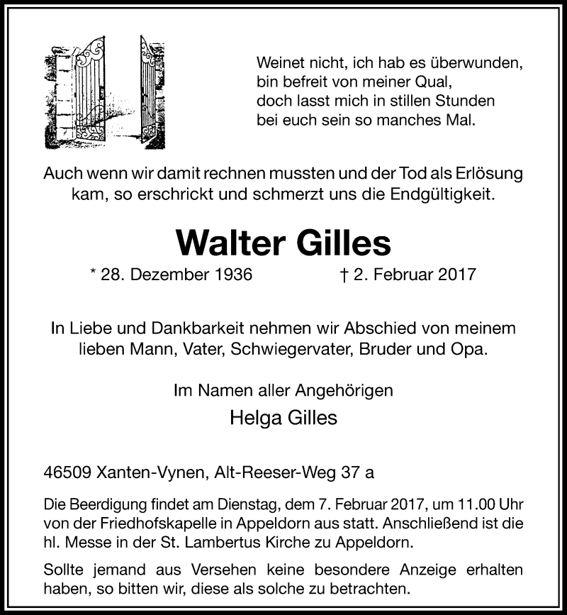 Traueranzeige für Walter Gilles vom 04.02.2017 aus Rheinische Post