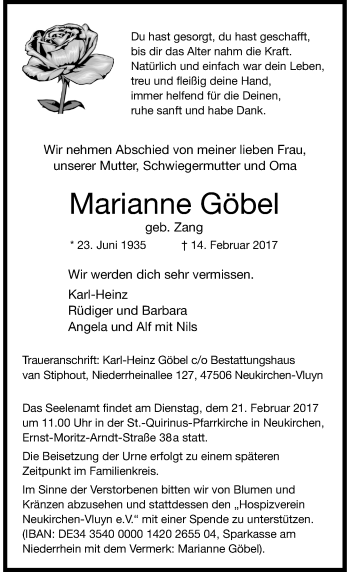 Traueranzeige von Marianne Göbel von Rheinische Post