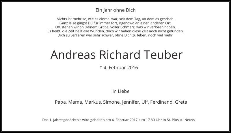  Traueranzeige für Andreas Richard Teuber vom 04.02.2017 aus Rheinische Post