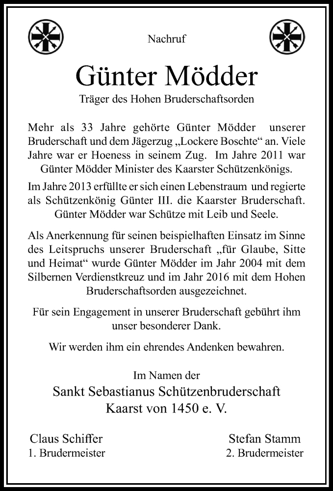  Traueranzeige für Günter Mödder vom 11.02.2017 aus Rheinische Post