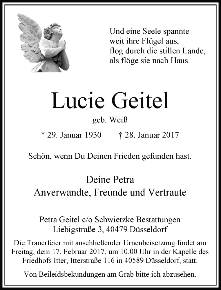  Traueranzeige für Lucie Geitel vom 11.02.2017 aus Rheinische Post