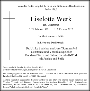 Traueranzeige von Liselotte Werk von Rheinische Post