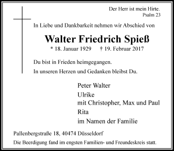 Traueranzeige von Walter Friedrich Spieß von Rheinische Post