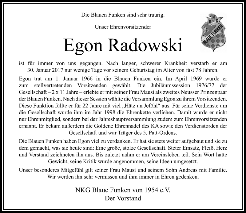  Traueranzeige für Egon Radowski vom 04.02.2017 aus Rheinische Post