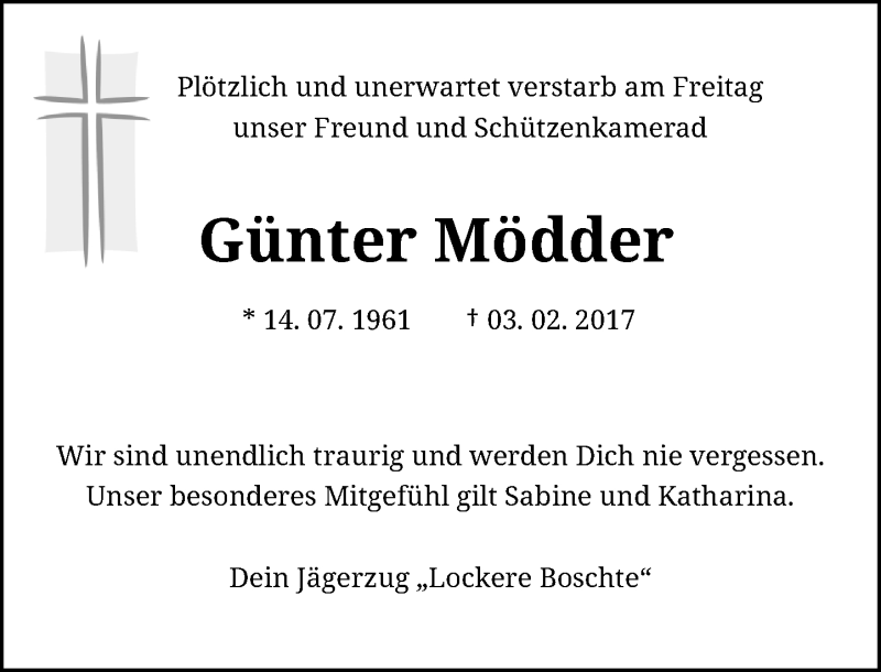  Traueranzeige für Günter Mödder vom 08.02.2017 aus Rheinische Post