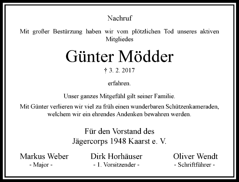  Traueranzeige für Günter Mödder vom 22.02.2017 aus Rheinische Post