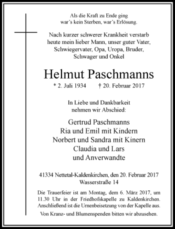 Traueranzeige von Helmut Paschmanns von Rheinische Post