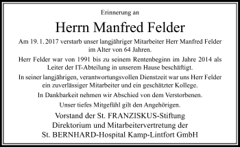 Traueranzeige von Manfred Felder von Rheinische Post