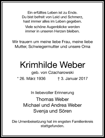 Traueranzeige von Krimhilde Weber von Rheinische Post