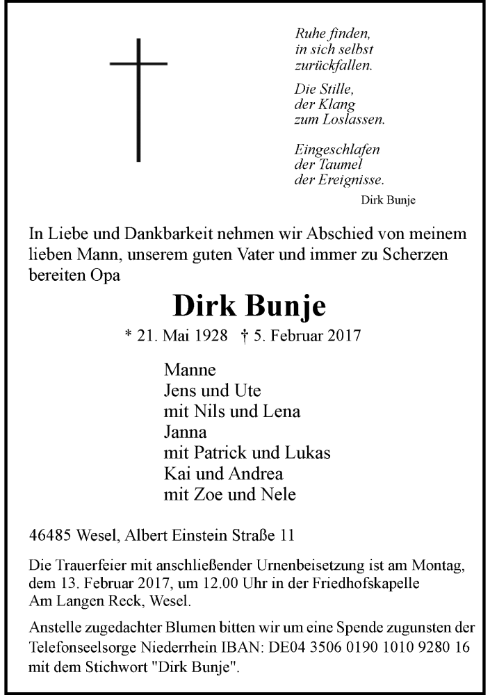 Alle Traueranzeigen für Dirk Bunje