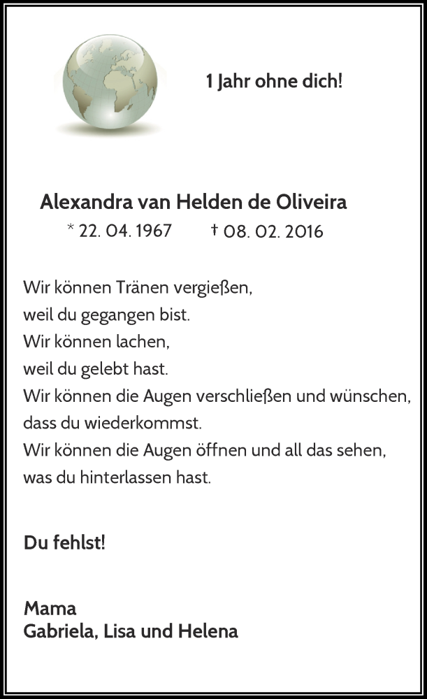  Traueranzeige für Alexandra van Helden de Oliveira vom 11.02.2017 aus Rheinische Post